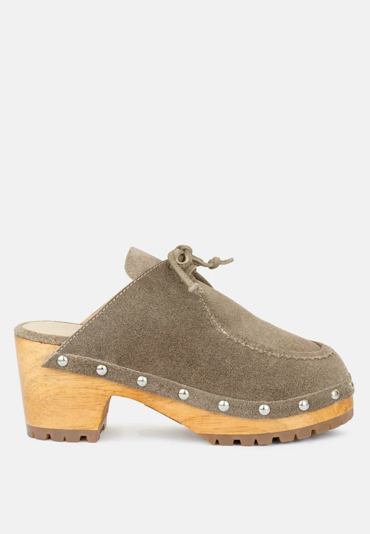 Rag & Co IROKO Taupe Suede Tie Detail Stud Clogs 4 Rag & Co IROKO Taupe Suede Tie Detail Stud Clogs