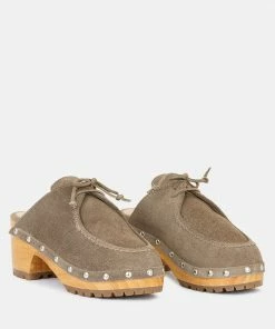 Rag & Co IROKO Taupe Suede Tie Detail Stud Clogs