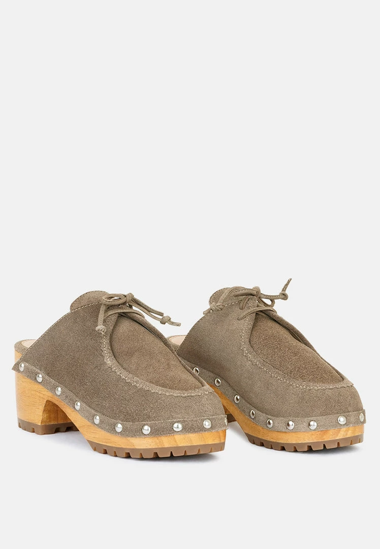Rag & Co IROKO Taupe Suede Tie Detail Stud Clogs 3 Rag & Co IROKO Taupe Suede Tie Detail Stud Clogs