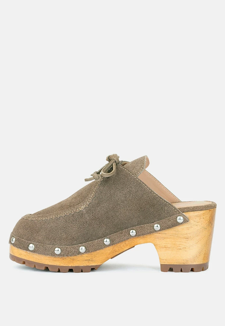 Rag & Co IROKO Taupe Suede Tie Detail Stud Clogs 6 Rag & Co IROKO Taupe Suede Tie Detail Stud Clogs