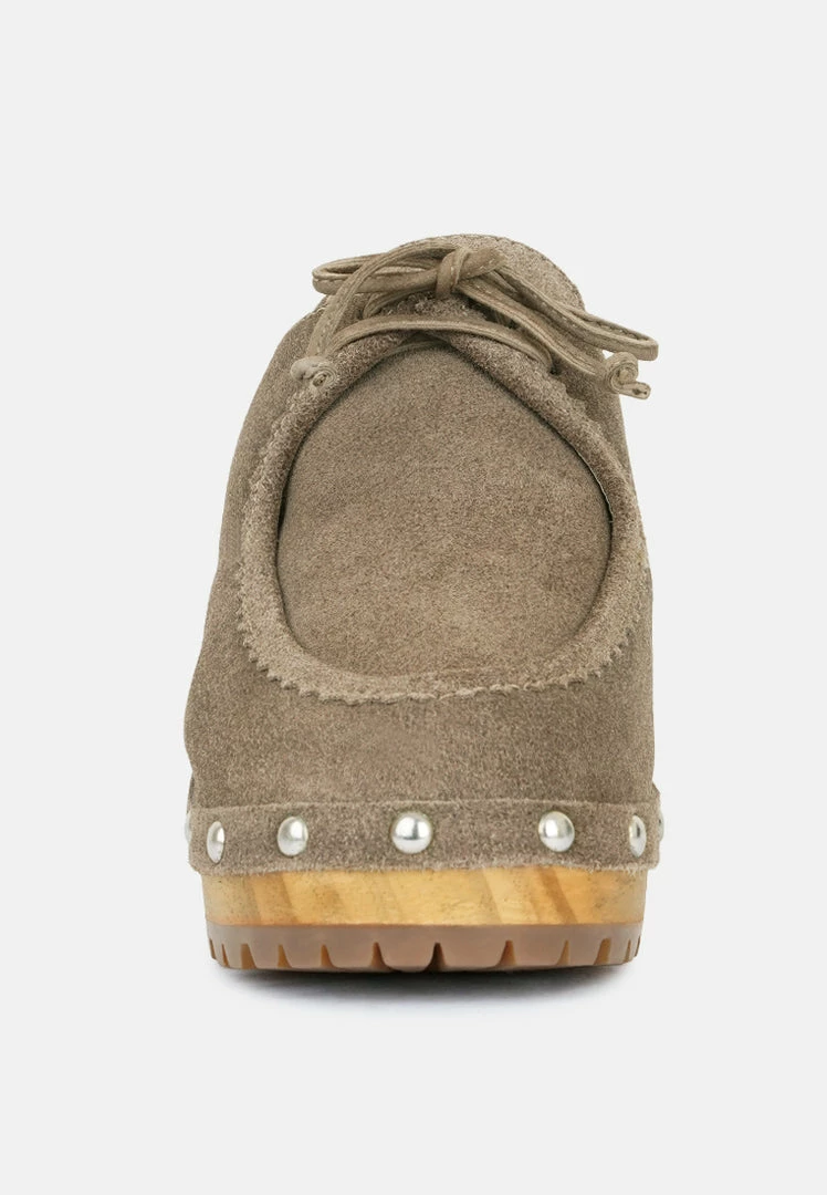Rag & Co IROKO Taupe Suede Tie Detail Stud Clogs 5 Rag & Co IROKO Taupe Suede Tie Detail Stud Clogs