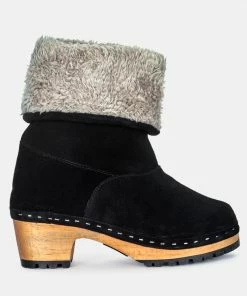 Rag & Co JUGLANS Fur Collared Ankle Clog Boots In Black
