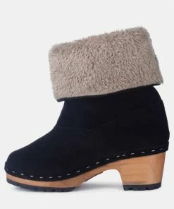 Rag & Co JUGLANS Fur Collared Ankle Clog Boots In Black