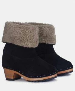 Rag & Co JUGLANS Fur Collared Ankle Clog Boots In Black