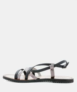 Rag & Co Flats JUNE Black Strappy Flat Leather Sandals