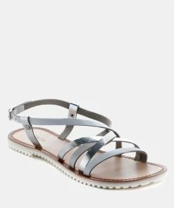 Rag & Co JUNE Silver Strappy Flat Leather Sandals Flats
