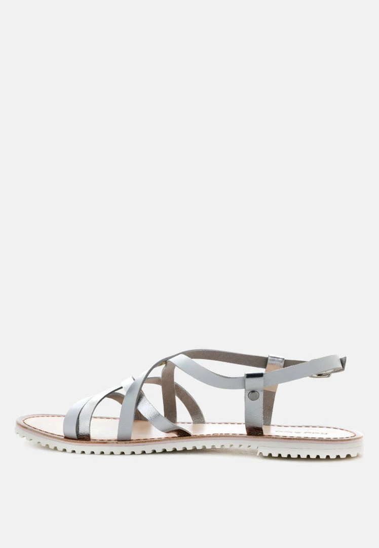 Rag & Co JUNE Silver Strappy Flat Leather Sandals Flats 6 Rag & Co JUNE Silver Strappy Flat Leather Sandals Flats