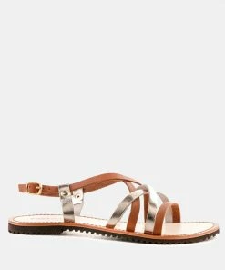 Rag & Co Flats JUNE Tan Strappy Flat Leather Sandals