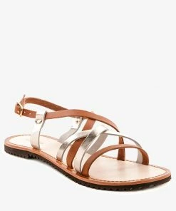 Rag & Co Flats JUNE Tan Strappy Flat Leather Sandals