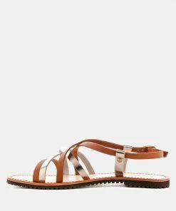 Rag & Co Flats JUNE Tan Strappy Flat Leather Sandals