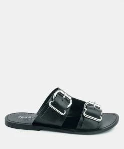 Rag & Co KELLY Black Flat Sandal With Buckle Straps