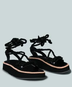 Rag & Co X Flats KENDALL Strings Platform Leather Sandal In Black