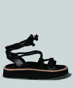 Rag & Co X Flats KENDALL Strings Platform Leather Sandal In Black