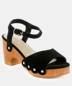 Rag & Co LIONA Black Studded Suede Wooden Clogs