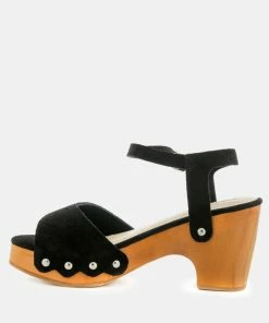 Rag & Co LIONA Black Studded Suede Wooden Clogs