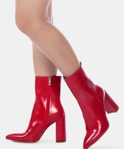 Rag & Co MARGEN Ankle High Pointed Toe Block Heeled Boot In Red