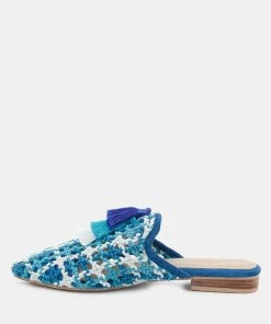 Rag & Co Flats MARIANA Blue Woven Flat Mules With Tassels