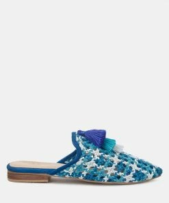 Rag & Co Flats MARIANA Blue Woven Flat Mules With Tassels