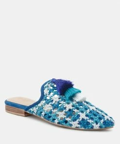 Rag & Co Flats MARIANA Blue Woven Flat Mules With Tassels