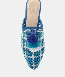 Rag & Co Flats MARIANA Blue Woven Flat Mules With Tassels