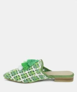Rag & Co MARIANA Green Woven Flat Mules With Tassels