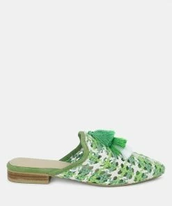 Rag & Co MARIANA Green Woven Flat Mules With Tassels