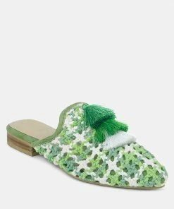 Rag & Co MARIANA Green Woven Flat Mules With Tassels