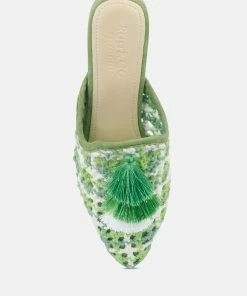 Rag & Co MARIANA Green Woven Flat Mules With Tassels