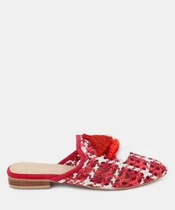 Rag & Co Flats MARIANA Red Woven Flat Mules With Tassels