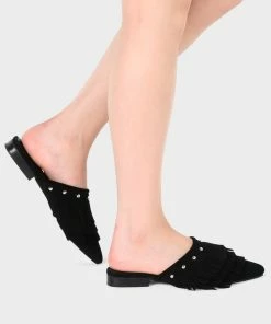 Rag & Co MARISSA Black Suede Fringe Mules