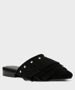 Rag & Co MARISSA Black Suede Fringe Mules