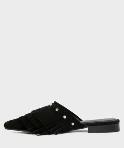Rag & Co MARISSA Black Suede Fringe Mules