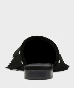 Rag & Co MARISSA Black Suede Fringe Mules
