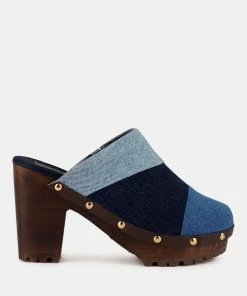 Rag & Co MESO Blue Denim Patchwork Clog Mules Clogs