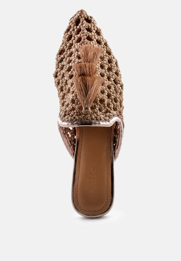 Rag & Co MELANIE Gold Woven Flat Mules With Tassels Flats 8 Rag & Co MELANIE Gold Woven Flat Mules With Tassels Flats
