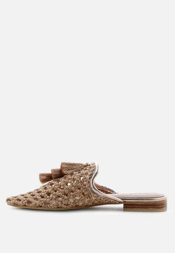 Rag & Co MELANIE Gold Woven Flat Mules With Tassels Flats 6 Rag & Co MELANIE Gold Woven Flat Mules With Tassels Flats