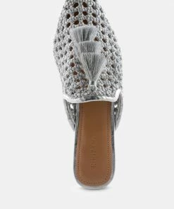 Rag & Co Flats MELANIE Silver Woven Flat Mules With Tassels