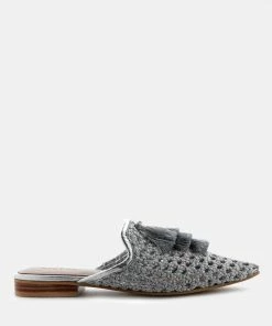 Rag & Co Flats MELANIE Silver Woven Flat Mules With Tassels