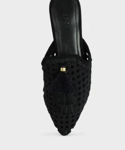 Rag & Co Flats MIRIAM Black Woven Metallic Tassel Flat Mules