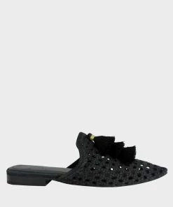 Rag & Co Flats MIRIAM Black Woven Metallic Tassel Flat Mules