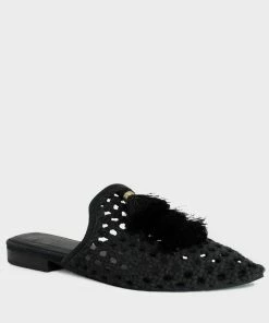 Rag & Co Flats MIRIAM Black Woven Metallic Tassel Flat Mules
