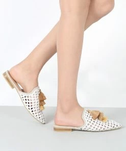 Rag & Co Flats MIRIAM White Woven Metallic Tassel Flat Mules 15 Rag & Co Flats MIRIAM White Woven Metallic Tassel Flat Mules