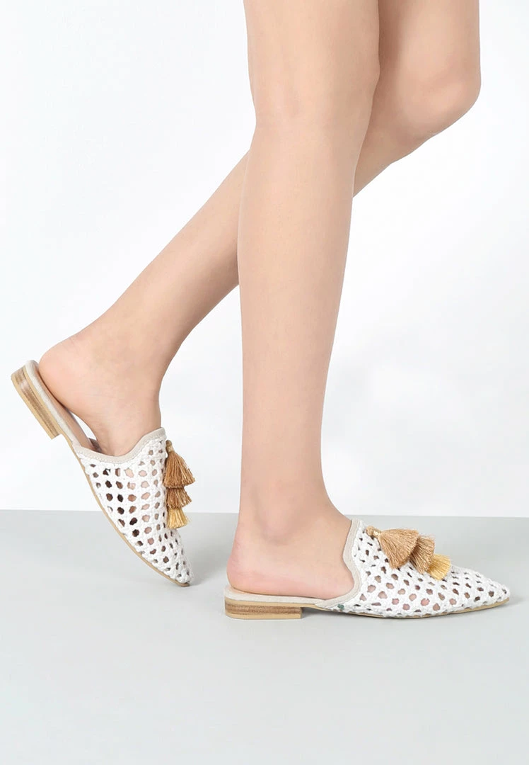 Rag & Co Flats MIRIAM White Woven Metallic Tassel Flat Mules 9 Rag & Co Flats MIRIAM White Woven Metallic Tassel Flat Mules