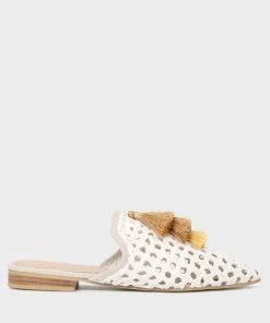 Rag & Co Flats MIRIAM White Woven Metallic Tassel Flat Mules