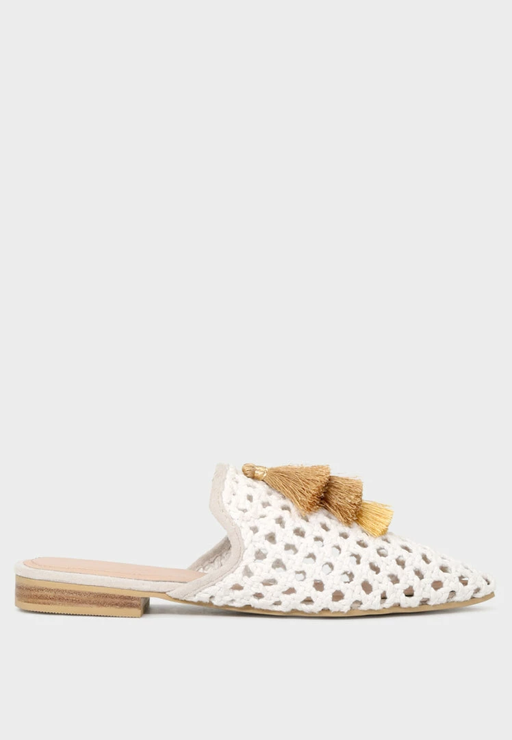 Rag & Co Flats MIRIAM White Woven Metallic Tassel Flat Mules 4 Rag & Co Flats MIRIAM White Woven Metallic Tassel Flat Mules
