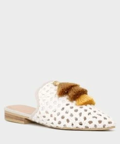 Rag & Co Official Store 8 Rag & Co Flats MIRIAM White Woven Metallic Tassel Flat Mules