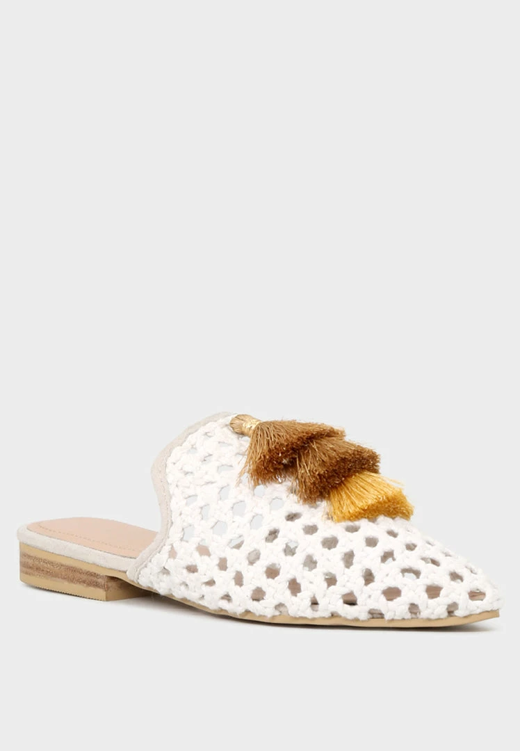 Rag & Co Flats MIRIAM White Woven Metallic Tassel Flat Mules 3 Rag & Co Flats MIRIAM White Woven Metallic Tassel Flat Mules