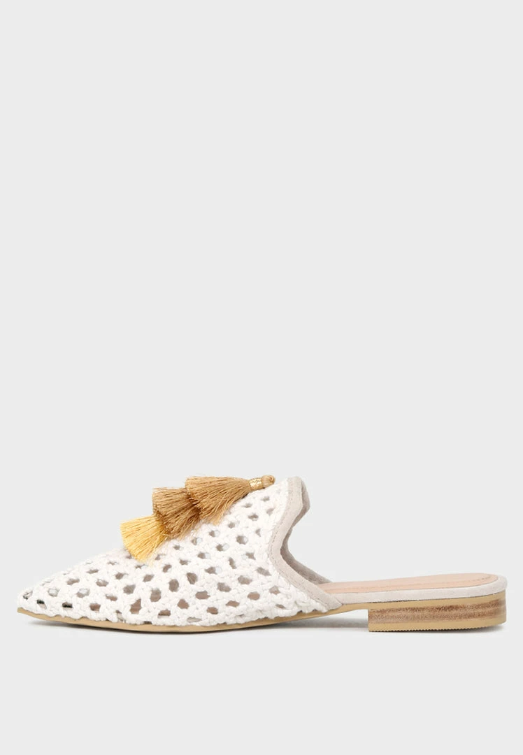 Rag & Co Flats MIRIAM White Woven Metallic Tassel Flat Mules 6 Rag & Co Flats MIRIAM White Woven Metallic Tassel Flat Mules