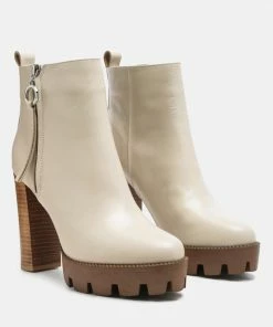 Rag & Co MISTRESS High Block Heeled Chunky Leather Boot In Beige Boots