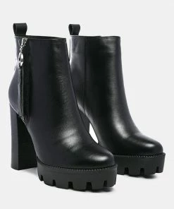 Rag & Co Boots MISTRESS High Block Heeled Chunky Leather Boot In Black